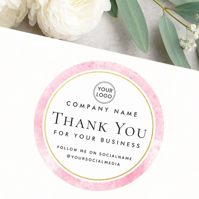 Pink watercolor custom logo business thank you classic round sticker (Pink watercolor custom logo business thank you classic round sticker)