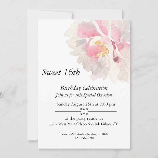 Pink Watercolor, Customizable, Sweet 16th  Invitation (Front)