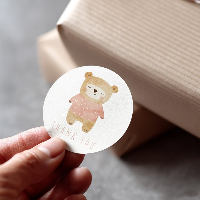 Pink Watercolor cute Bear Thank You Classic Round Sticker (Pink sleepy bear, cute thank you sticker for gifts and favors)