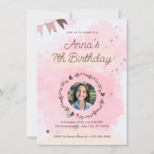 Pink Watercolor Cute Birthday Invitation