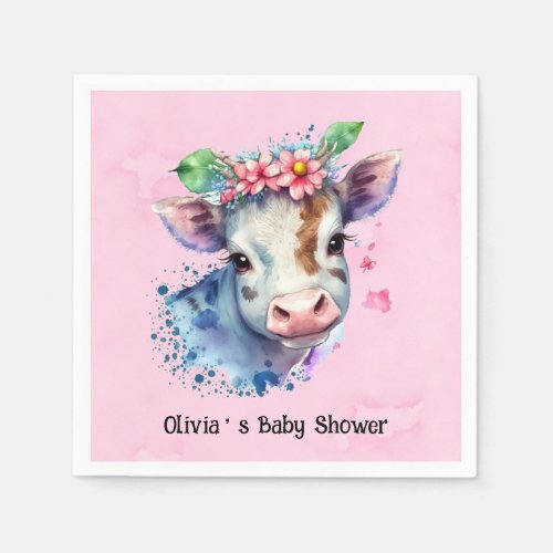 Pink Watercolor Cute Cow Floral Girl Baby Shower Napkins