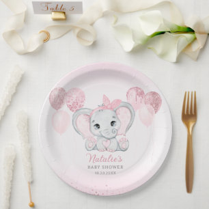 Pink Watercolor Cute Elephant Girl Baby Shower Paper Plates