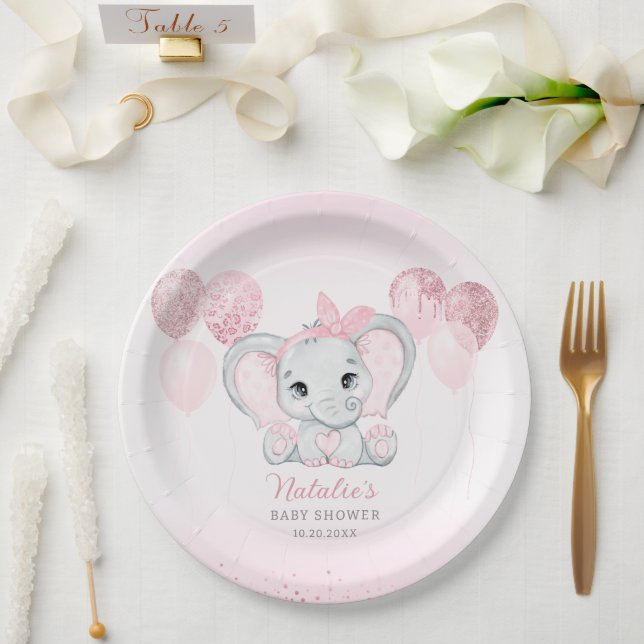 Pink Watercolor Cute Elephant Girl Baby Shower  Paper Plates (Wedding)