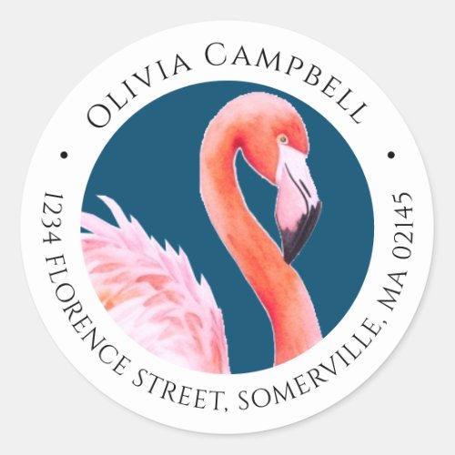 Pink Watercolor Cute Flamingo Blue Address Classic Round Sticker