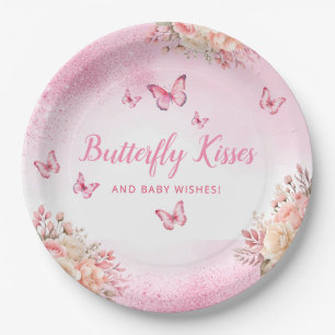 Pink watercolor cute floral butterfly baby shower paper plates