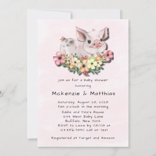 Pink Watercolor Cute Pig Girl Baby Shower Invitation