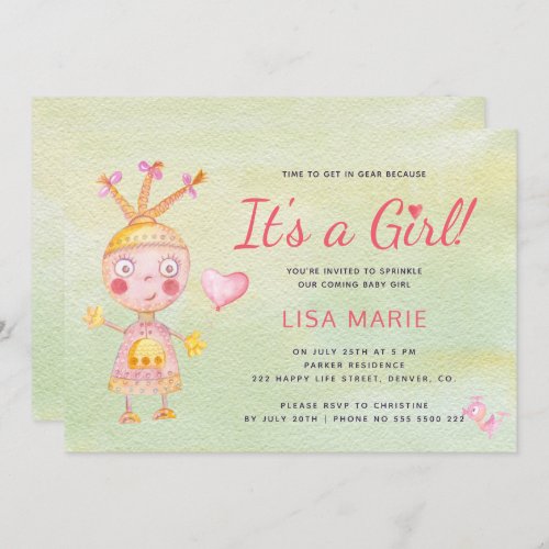 Pink watercolor cute robot its a girl baby shower invitation