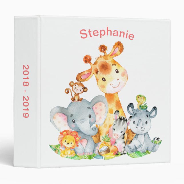 Pink Watercolor Cute Safari Jungle Animals 3 Ring Binder (Front/Spine)