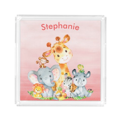 Pink Watercolor Cute Safari Jungle Animals Acrylic Tray