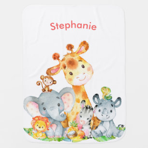 Pink Watercolor Cute Safari Jungle Animals Baby Blanket