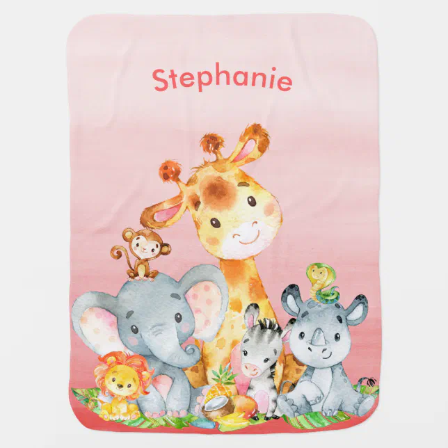 Pink Watercolor Cute Safari Jungle Animals Baby Blanket | Zazzle
