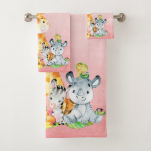 Pink Watercolor Cute Safari Jungle Animals Bath Towel Set