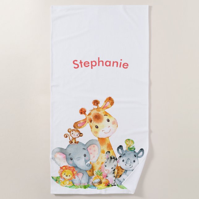 Pink Watercolor Cute Safari Jungle Animals Beach Towel (Front)