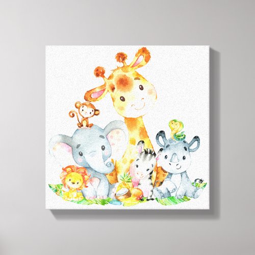 Pink Watercolor Cute Safari Jungle Animals Canvas Print