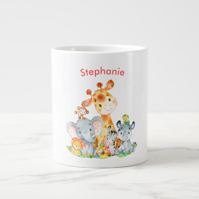 Pink Watercolor Cute Safari Jungle Animals Giant Coffee Mug (Front)