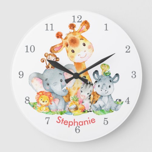 Pink Watercolor Cute Safari Jungle Animals Large Clock