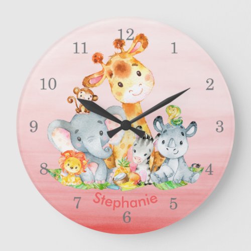 Pink Watercolor Cute Safari Jungle Animals Large Clock