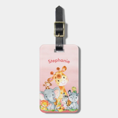 Pink Watercolor Cute Safari Jungle Animals Luggage Tag