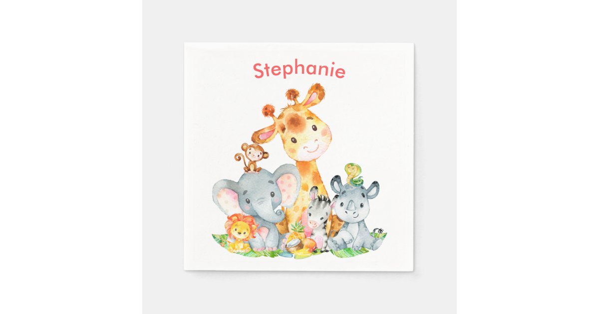 Pink Watercolor Cute Safari Jungle Animals Napkins | Zazzle