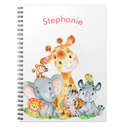 Pink Watercolor Cute Safari Jungle Animals Notebook