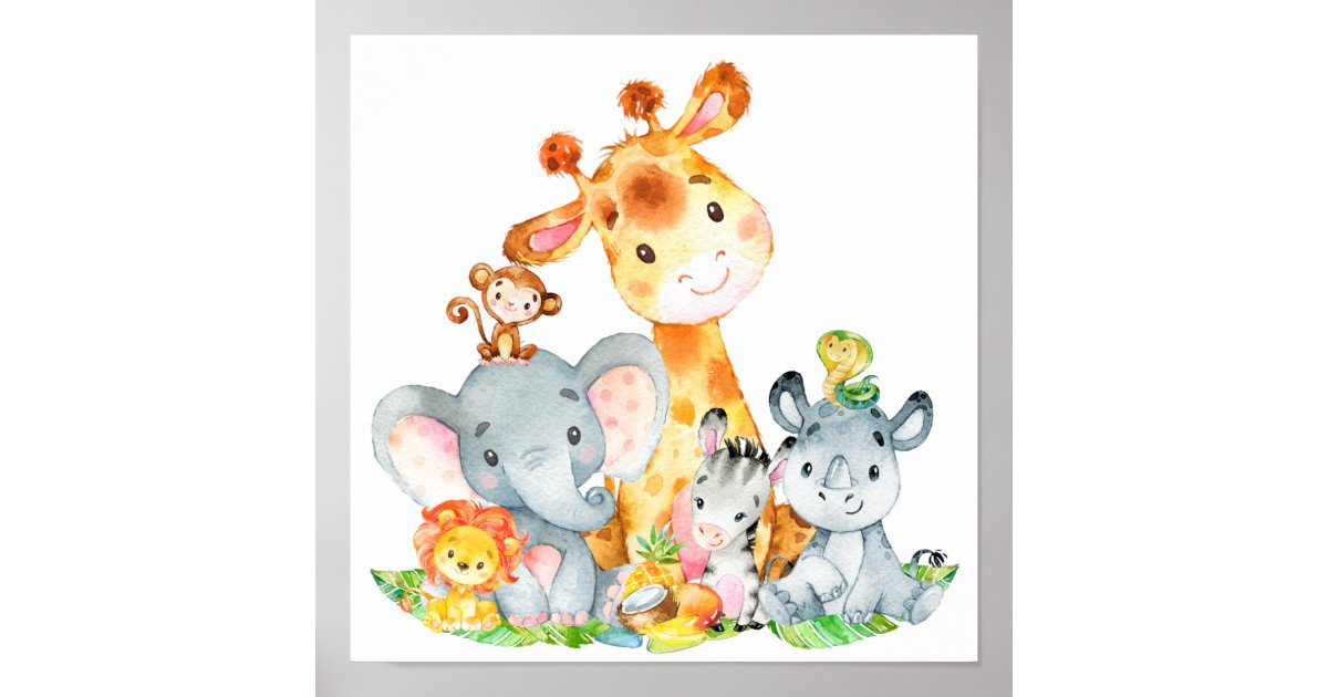 Pink Watercolor Cute Safari Jungle Animals Poster | Zazzle
