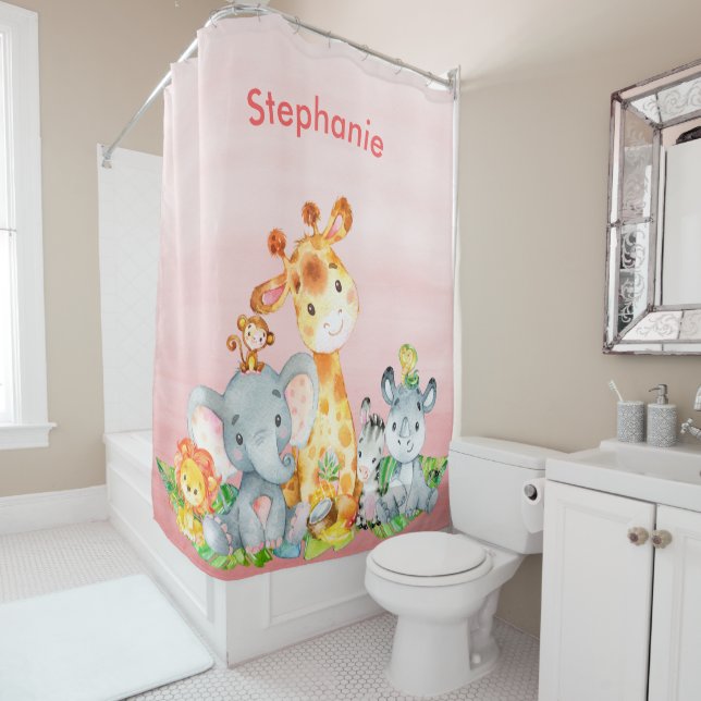 Pink Watercolor Cute Safari Jungle Animals Shower Curtain (In Situ)