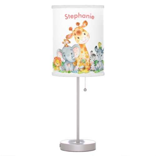 Pink Watercolor Cute Safari Jungle Animals Table Lamp