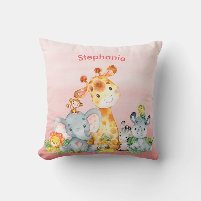 Pink Watercolor Cute Safari Jungle Animals Throw Pillow (Front)