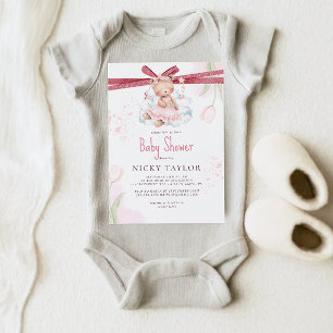 Pink Watercolor Cute Teddy Bear Baby Shower Invitation