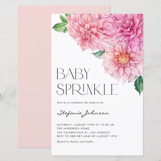 Pink Watercolor Dahlia Baby Sprinkle Invitation (Front/Back)