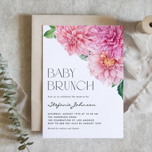 Pink Watercolor Dahlia Floral Baby Brunch Invitation