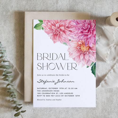 Pink Watercolor Dahlia Floral Bridal Shower Invitation