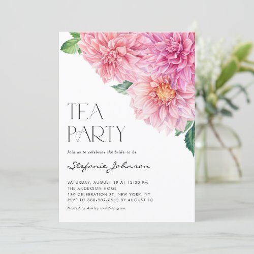 Pink Watercolor Dahlia Floral Bridal Tea Party Invitation