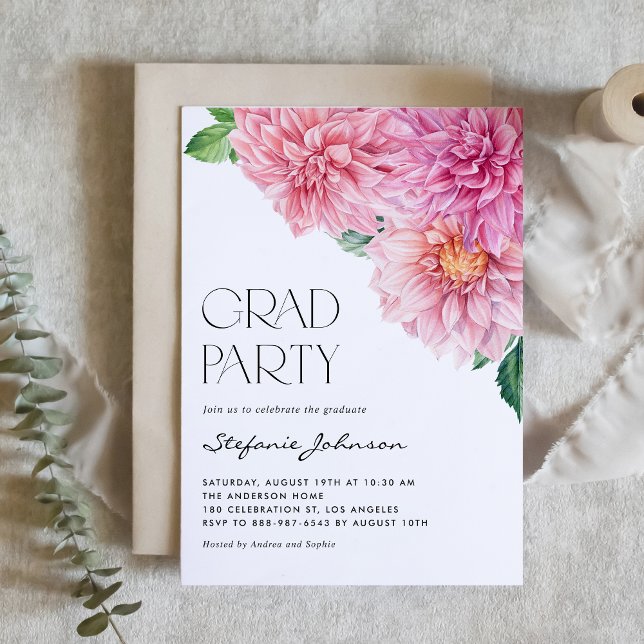 Pink Watercolor Dahlia Floral Graduation Party Invitation (Creator Uploaded)
