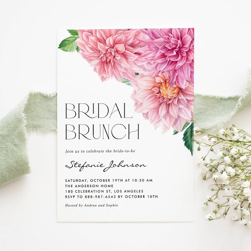 Pink Watercolor Dahlia Flower Spring Bridal Brunch Invitation