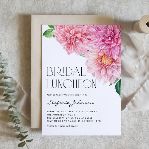 Pink Watercolor Dahlia Flowers Bridal Luncheon Invitation