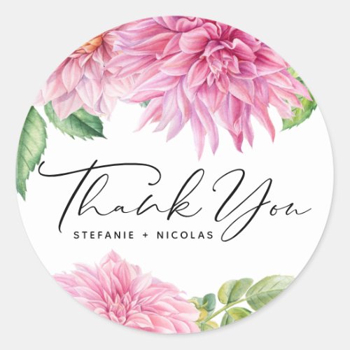 Pink Watercolor Dahlia Flowers Wedding Thank You Classic Round Sticker