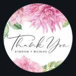 Pink Watercolor Dahlia Flowers Wedding Thank You Classic Round Sticker<br><div class="desc">This customizable wedding sticker adds a floral accent to your invitations,  envelopes,  and cards. It features a watercolour bouquet of pink dahlia flowers. Personalize by adding your details. This floral thank you sticker is perfect for spring baby showers,  bridal showers,  weddings,  and more. Matching items are available.</div>