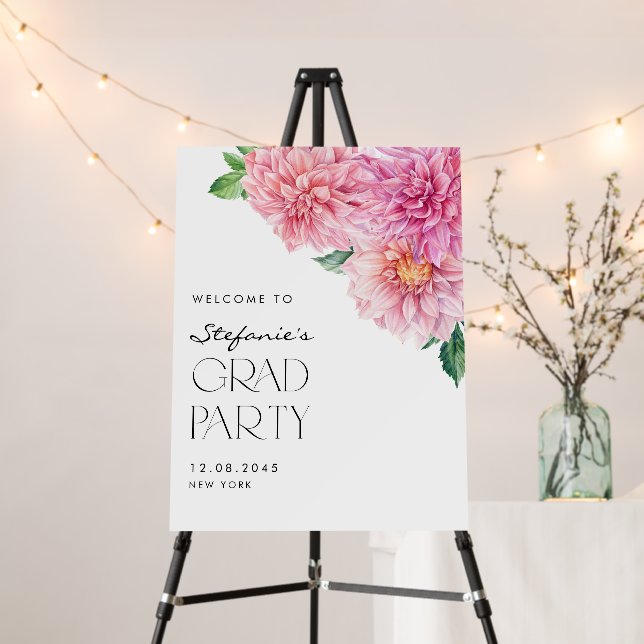 Pink Watercolor Dahlia Graduation Party Welcome Foam Board (In Situ (Stand))