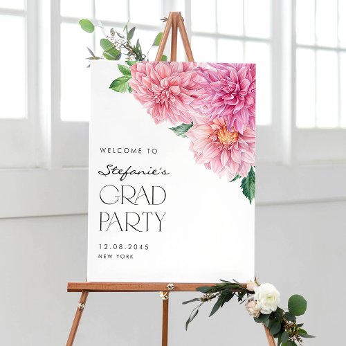 Pink Watercolor Dahlia Graduation Party Welcome Poster