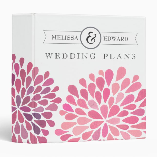 Pink Watercolor Dahlias Wedding Planner Binder (Front/Spine)
