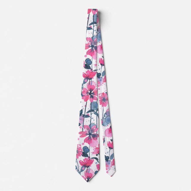 Pink Watercolor Daisies Neck Tie (Front)