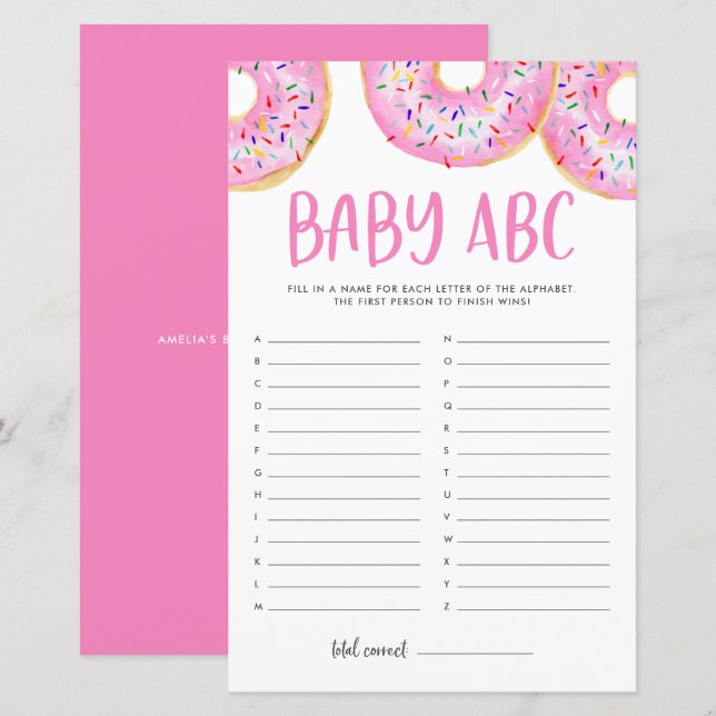 Pink Watercolor Donuts Baby ABC Baby Shower Game (Front/Back)