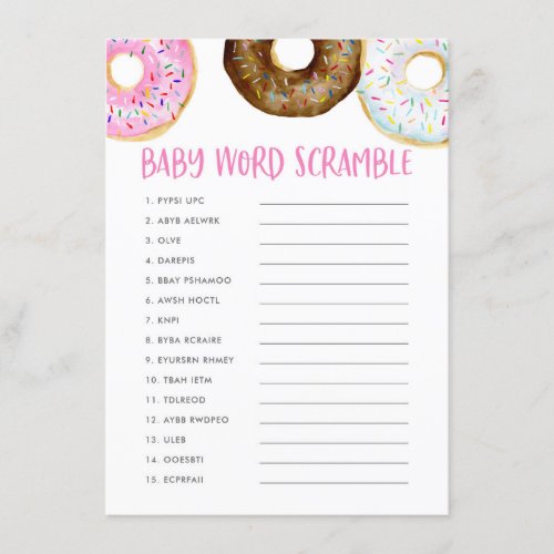 Pink Watercolor Donuts Baby Shower Word Scramble Enclosure Card