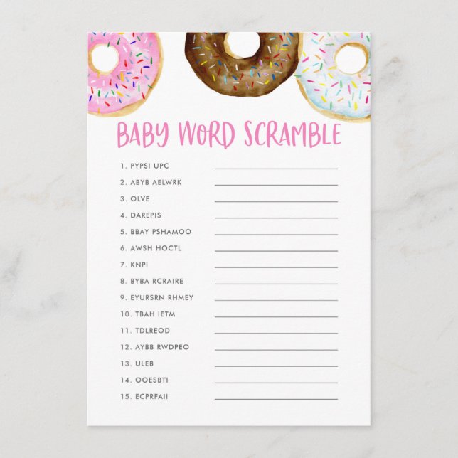 Pink Watercolor Donuts Baby Shower Word Scramble Enclosure Card (Front)