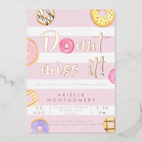 Pink Watercolor Donuts Birthday Party Rose Gold Foil Invitation
