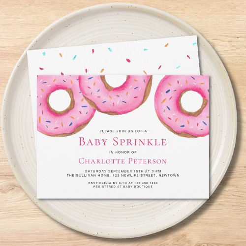 Pink Watercolor Donuts Girl Baby Sprinkle Shower Invitation