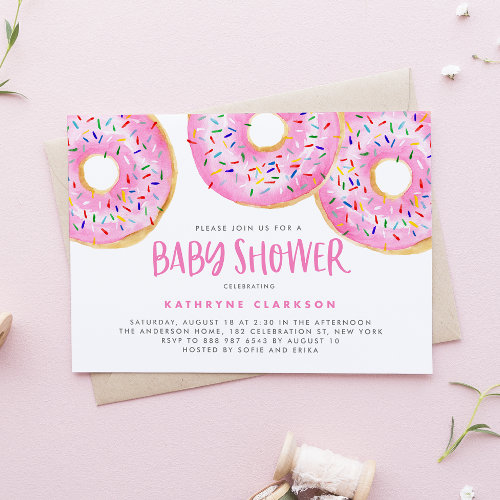 Pink Watercolor Donuts Sprinkles Girl Baby Shower