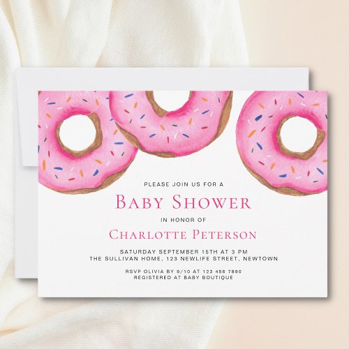 Pink Watercolor Donuts Sprinkles Girl Baby Shower Invitation