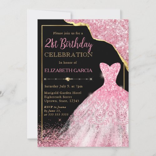 Pink Watercolor Dress and Glam Edge 21st Birthday Invitation